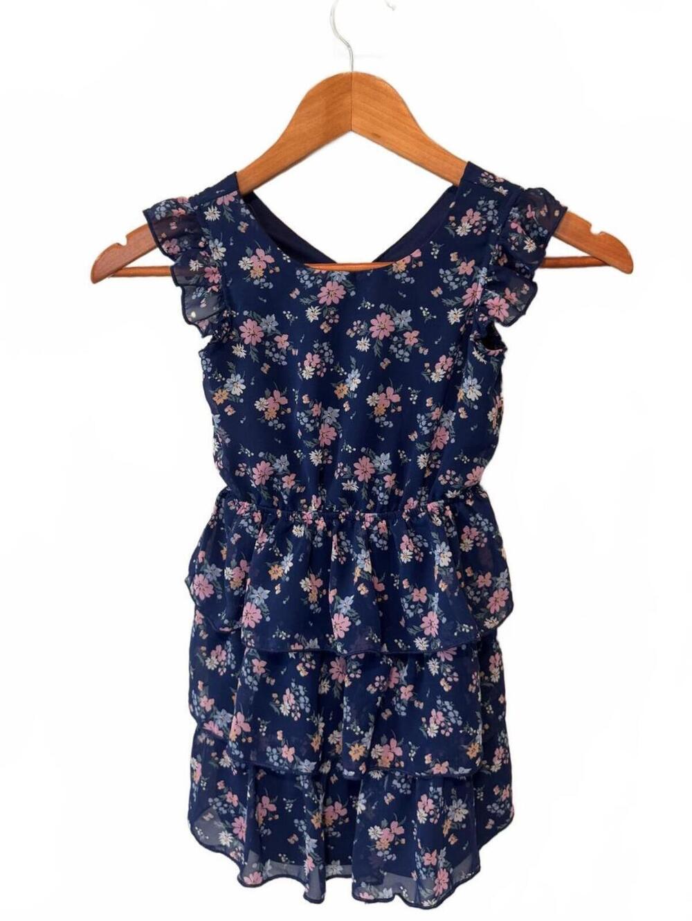 Jenna & Jessie | Blue Floral Layered Ruffle Dress with Bow Back Size 4T